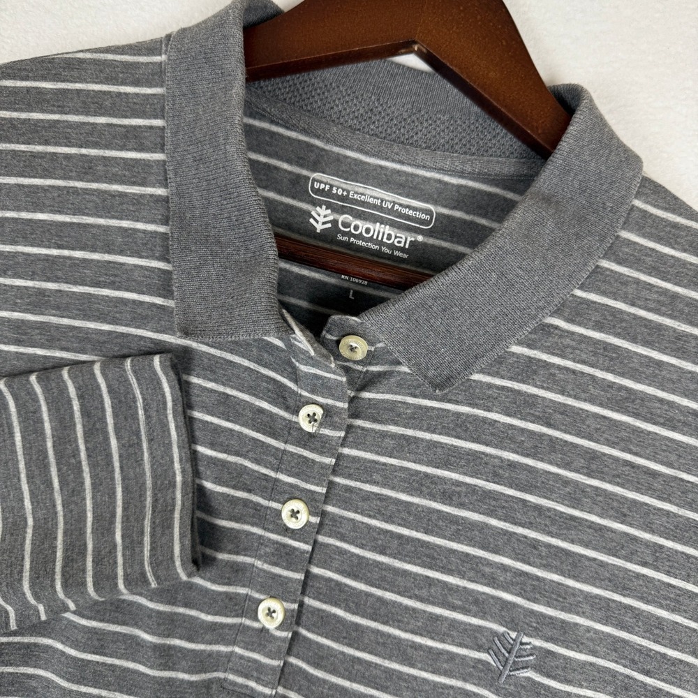 Coolibar Polo Shirt Womens Large Grey Stripe Long Sleeve UPF 50 Golf Performance
